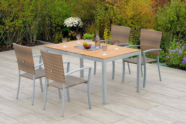 Merxx Savona Set 5-teilig, 4 Stapelsessel, 1 Tisch 150 x 90 cm, Akazientischplatte horizontal gestreift, Silber/naturgrau, 50731-228