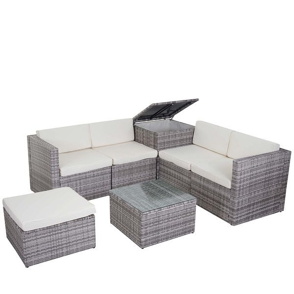Mendler Poly-Rattan-Garnitur HWC-D21, Balkon-/Garten-/Lounge-Set Sofa Sitzgruppe, Box Staufach, grau, Kissen creme, 58610+58611+58612