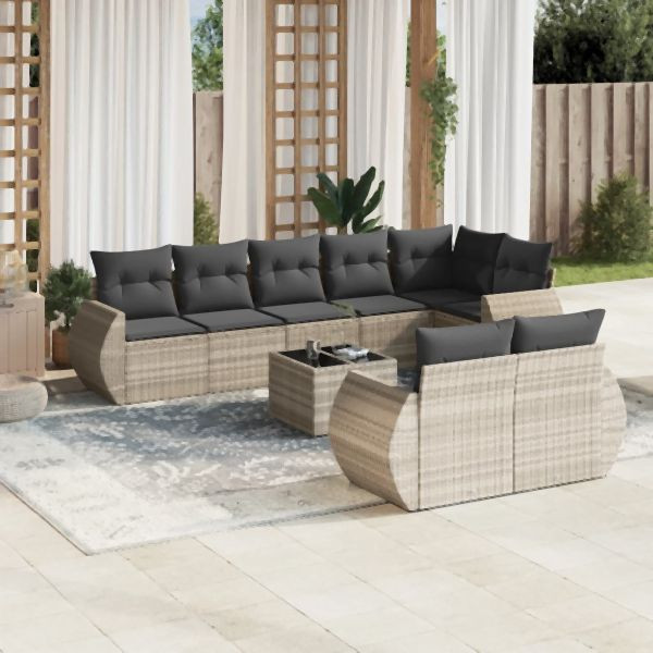 vidaXL 9-tlg. Garten-Sofagarnitur mit Kissen Hellgrau Poly Rattan, 3221631