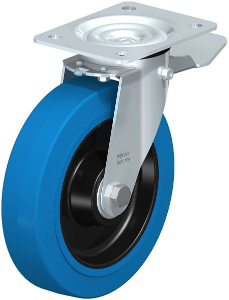 Blickle LE-POEV 200K-ST-SB Stahlblech-Lenkrolle mit Anschraubplatte & Feststeller, Elastik-Vollgummi, Blau, 749636