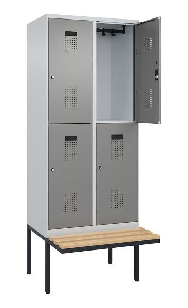 C+P Doppelstock-Spind Evolo PLUS, Bank, 4 Fächer, 2120x800x815mm, 7035/0004, Zylinderschloss, Sitzfläche Buche-Hartholz, 0493407-22 S10041
