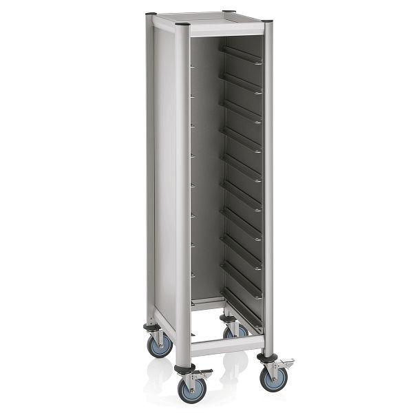 WAS Trolley Mensa Tablettwagen für 10 Tabletts, 60,5 x 44,5 x 165, cm, silberfarben, Alu-Profile/MDF, 1955530