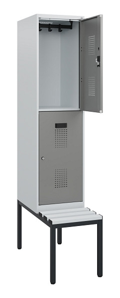 C+P Doppelstöckiger Spind Evolo PLUS, Bank, 2 Fächer, 1950x400x815mm, 7035/0004, Zylinderschloss, Sitzfläche Kunststoff, Sitzbank, 0493505-12 S10149