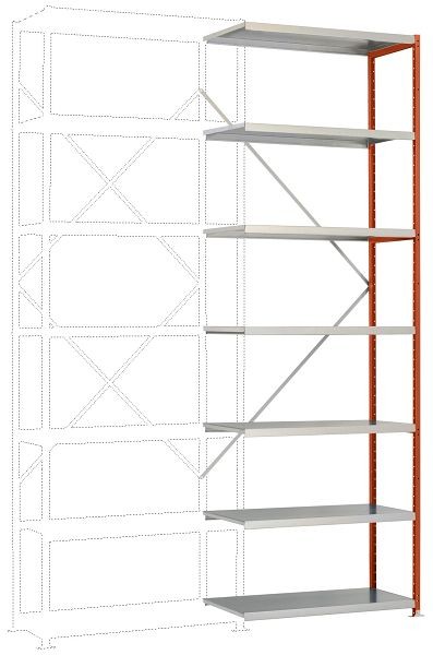 Manuflex Mittelschweres Fachboden-Steckregal Anbauregal mit 7 Stahlböden, HxBxT = 3000 x 1000 x 500 mm, rotorange, RP1719.2001