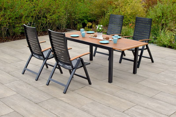 Merxx Astros Set 5-teilig, 4 Astros Klappsessel, 1 Ausziehtisch, 150 (200) x 90 cm, Aluminium mit FSC Akazienholz, 50627-217
