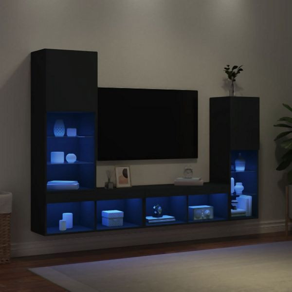 vidaXL 4-teilig Wohnwand mit LED-Beleuchtung Schwarz Holzwerkstoff, 3216655