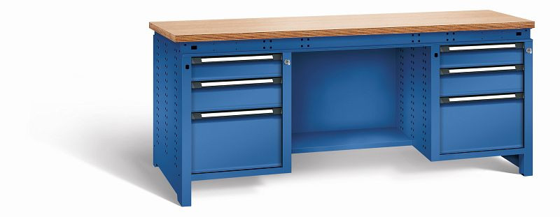 Otto Kind Werkbank Serie function Typ 306, Multiplexplatte 40 mm, bündig, 2x Unterbau + mittleres Feld, komplett RAL 5010, 072361113