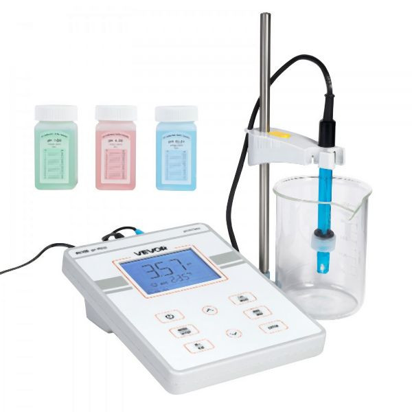 VEVOR Tisch-pH-Meter, pH 0–14, Labortester-Set mit Hintergrundbeleuchtung, Kalibrierlösungen, Speicher für 50 Messwerte, PHJSYSXZKPHC7C2HD001V2