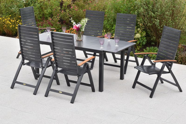 Merxx Astros Set 7-teilig, 6 Astros Klappsessel, Armlehnen mit Akazienholz, 1 Ausziehtisch, 150 (200) x 90 cm,Tischplatte aus Aluminium, 50983-217