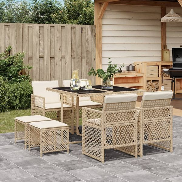 vidaXL 9-teilig Garten-Essgruppe mit Kissen Beige Poly Rattan, 3210778