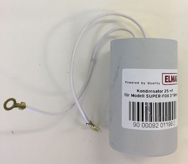 ELMAG Kondensator 25 µF für Modell SUPER-FOX 3, Länge: 70 mm (inkl. Kabel mit Ösen)DM: 45 mm, 9201199