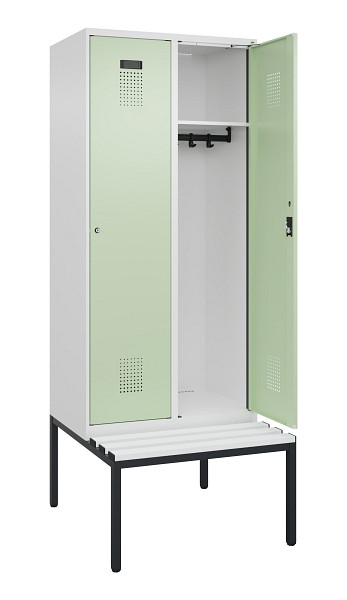 C+P Spind Evolo PLUS, 2 Abteile, 2120x800x815mm, 9016/6019, Haken 4, Zylinderschloss, Sitzfläche Kunststoff, Sitzbank, 0490507-22 S10100