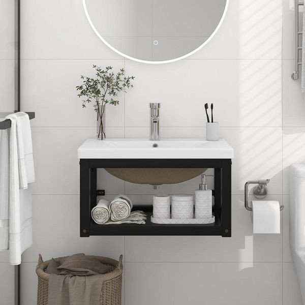 vidaXL Badezimmer-Waschtischgestell mit Waschbecken Schwarz Eisen, 3101383