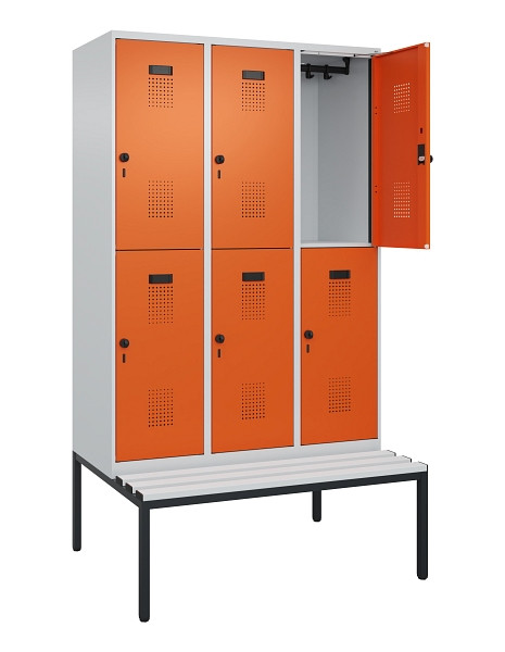 C+P Doppelstock-Spind Evolo PLUS, Bank, 6 Fächer, 2120x1200x815mm, 7035/2004, Drehriegel, Sitzfläche Kunststoff, Sitzbank, 0493507-32 S10083