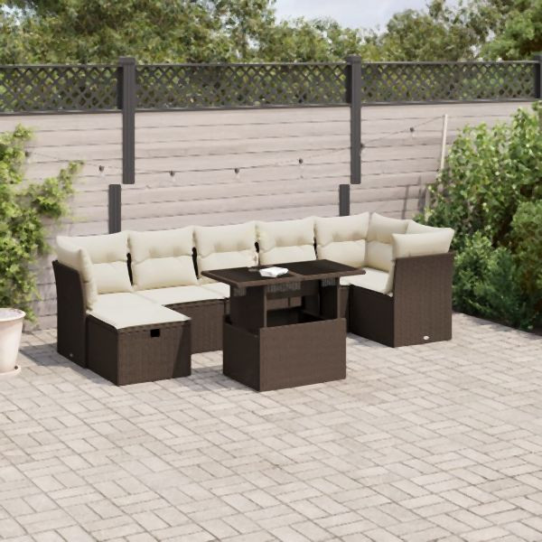 vidaXL 8-tlg. Garten-Sofagarnitur mit Kissen Braun Poly Rattan, 3274673