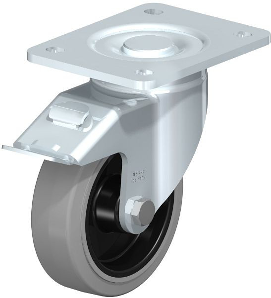 Blickle LH-POEV 125XR-3-FI-SG Stahlblech-Lenkrolle, Schwerlast-Ausführung, mit Anschraubplatte & Feststeller, Elastik-Vollgummi, Grau, 851792