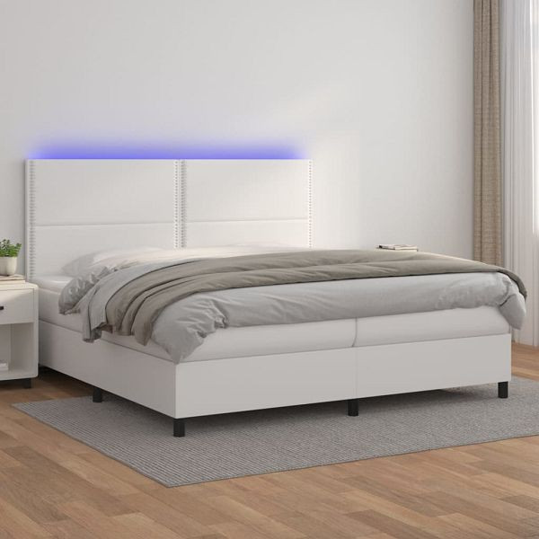 vidaXL Boxspringbett mit Matratze & LED Weiß 200x200 cm Kunstleder, 3139344