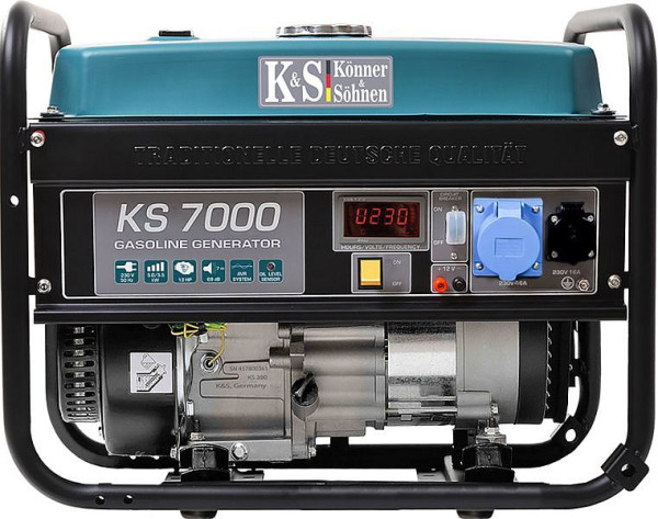 Könner & Söhnen 5500W Benzin Stromerzeuger, 1x16A(230V)/1x32A(230V), 12V, Voltregler, Ölmangelsicherung, Überspannungsschutz, Anzeige, KS 7000