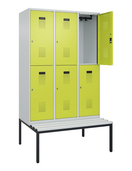 C+P Doppelstock-Spind Evolo PLUS, Bank, 6 Fächer, 2120x1200x815mm, 7035/0024, Zylinderschloss, Sitzfläche Kunststoff, Sitzbank, 0493507-32 S10123
