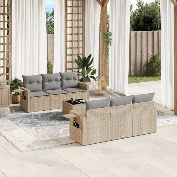 vidaXL 7-tlg. Garten-Sofagarnitur mit Kissen Beige Poly Rattan, UV-beständig, 3219908