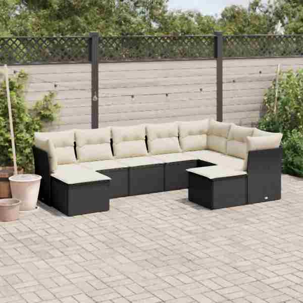 vidaXL 9-tlg. Garten-Sofagarnitur mit Kissen Schwarz Poly Rattan, UV-beständig, 3250405