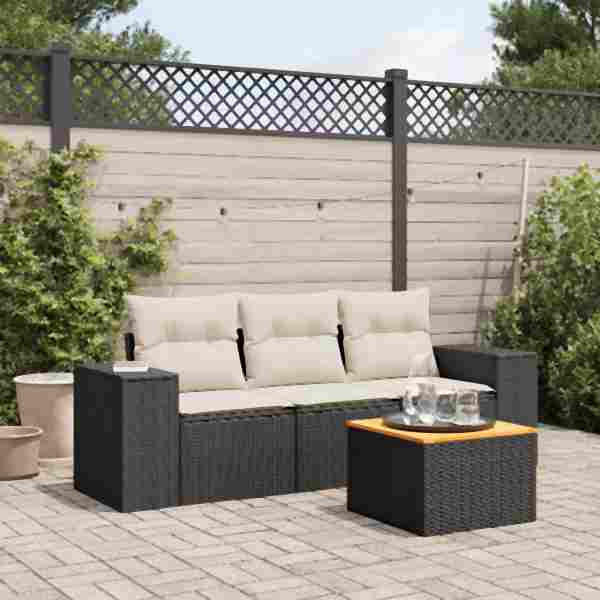 vidaXL 4-tlg. Garten-Sofagarnitur mit Kissen Schwarz Poly Rattan, UV-beständig, 3225314