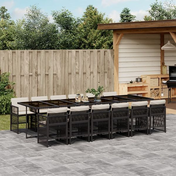 vidaXL 13-tlg. Garten-Essgruppe mit Kissen Schwarz Poly Rattan, 3210942