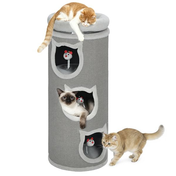 PawHut Katzenkratzfass, 96 cm, 4-Ebenen-Katzenturm mit waschbarem Bett, 3 Schlafhöhlen, Hängespielzeug, für mehrere Katzen, D30-961V00GY