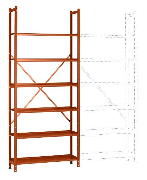Manuflex Büro-Steck-Grundregal mit 6 pulverbeschichteten Stahlböden, HxBxT = 2250 x 960 x 300 mm, rotorange, RA3161.2001