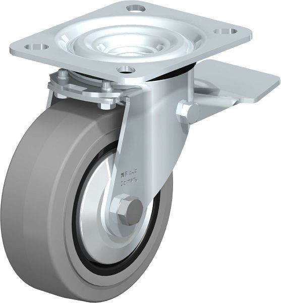 Blickle L-POEV 100R-ST-SG-FA Stahlblech-Lenkrolle, mittelschwere Ausführung, mit Anschraubplatte & Feststeller, Elastik-Vollgummi, Grau, 749344