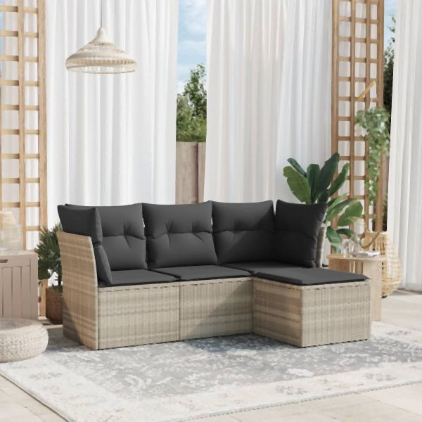 vidaXL 4-tlg. Garten-Sofagarnitur mit Kissen Hellgrau Poly Rattan, 3249381