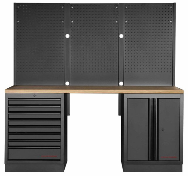 Kraftwerk MOBILIO BLACK EDITION 2er Unterschrank-Kombi, 8 Schubladen, 1 Schrank, Vierkant-Lochwand, Arbeitsplatte Buche Multiplex, 3964K-BLK-003