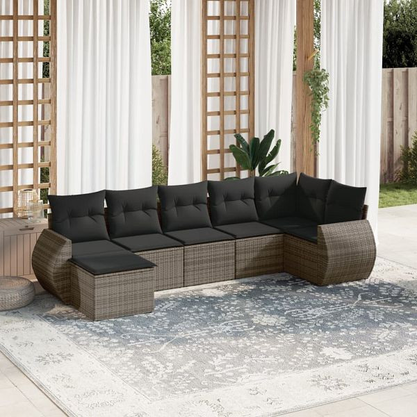 vidaXL 7-teilig Garten-Sofagarnitur mit Kissen Grau Poly Rattan, 3221679