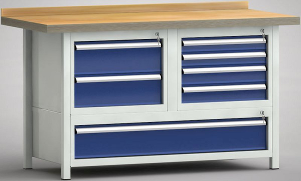 KLW Profi-Werkbank - 1500 x 700 x 905 mm L x T x H (ERGO-Version), Oben L: 2x175EA, R: 2x75EA/2x100EA, Unten 175EA, WPK35E-1500M45-E7020
