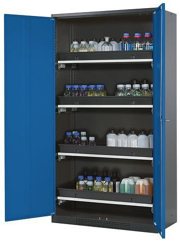 asecos Chemikalienschrank Systema-T CS-104, Korpus anthrazit, blau, inkl. 4 Tablarauszüge, 202617