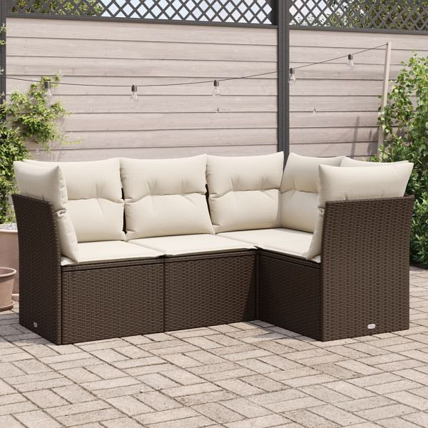 vidaXL 4-teilig Garten-Sofagarnitur mit Kissen Braun Poly Rattan, 3249422