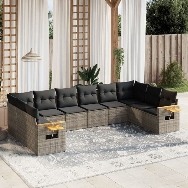 vidaXL 10-teilig Garten-Sofagarnitur mit Kissen Grau Poly Rattan, 3227166