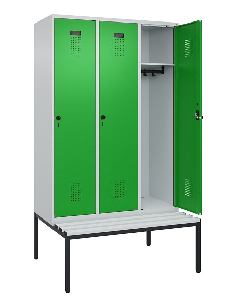 C+P Spind Evolo PLUS, 3 Abteile, 2120x1200x815mm, 7035/6037, Haken 4, Drehriegel, Sitzfläche Kunststoff, Sitzbank, 0490507-32 S10065