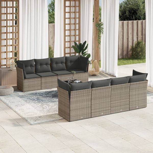 vidaXL 9-teilig Garten-Sofagarnitur mit Kissen Grau Poly Rattan, 3217310