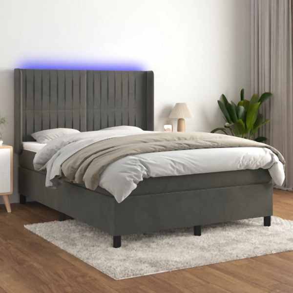 vidaXL Boxspringbett mit Matratze & LED Dunkelgrau 140x200 cm Samt, 3139686