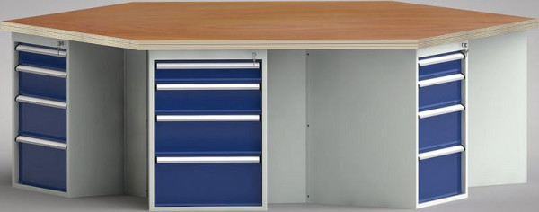 KLW PROFI-Werkbank in Sechseckform (ERGO-Version) mit Buchen-Multiplexplatte in 6-Eck-Form 2338 x 2700 x 45 mm L x B x S, WP620E-1350M45-E8004
