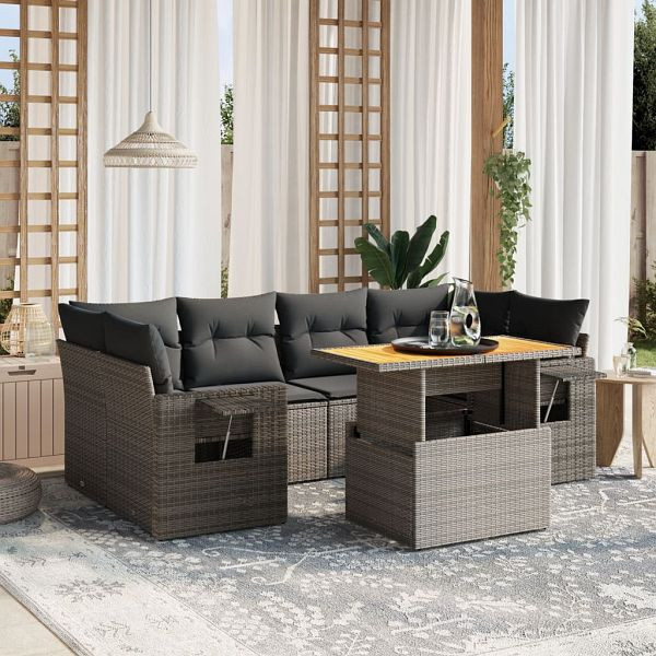 vidaXL 7-teilig Garten-Sofagarnitur mit Kissen Grau Poly Rattan, 3271655