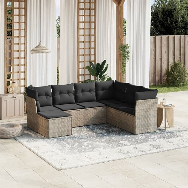 vidaXL 7-teilig Garten-Sofagarnitur mit Kissen Grau Poly Rattan, 3263216