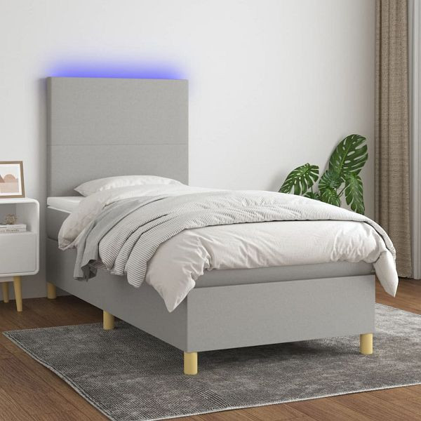 vidaXL Boxspringbett mit Matratze & LED Hellgrau 90x190 cm Stoff, 3135237