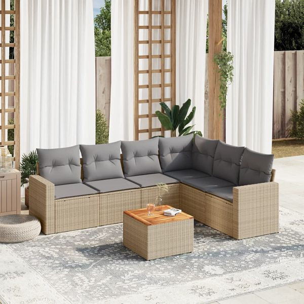 vidaXL 7-tlg. Garten-Sofagarnitur mit Kissen Beige Poly Rattan, 3224141