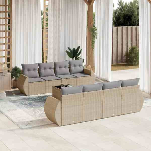 vidaXL 9-tlg. Garten-Sofagarnitur mit Kissen Beige Poly Rattan, UV-beständig, 3253486