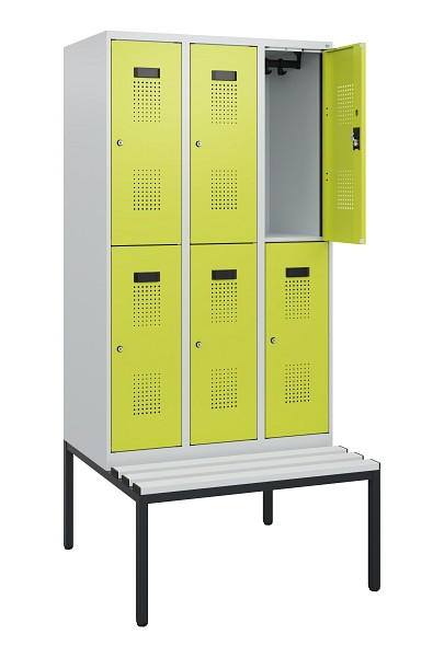 C+P Doppelstöckiger Spind Evolo PLUS, Bank, 6 Fächer, 1950x900x815mm, 7035/0024, Zylinderschloss, Sitzfläche Kunststoff, Sitzbank, 0493505-30 S10150
