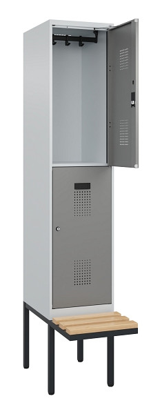 C+P Doppelstock-Spind Evolo PLUS, Bank, 2 Fächer, 2120x400x815mm, 7035/0004, Zylinderschloss, Sitzfläche Buche-Hartholz, 0493407-12 S10041