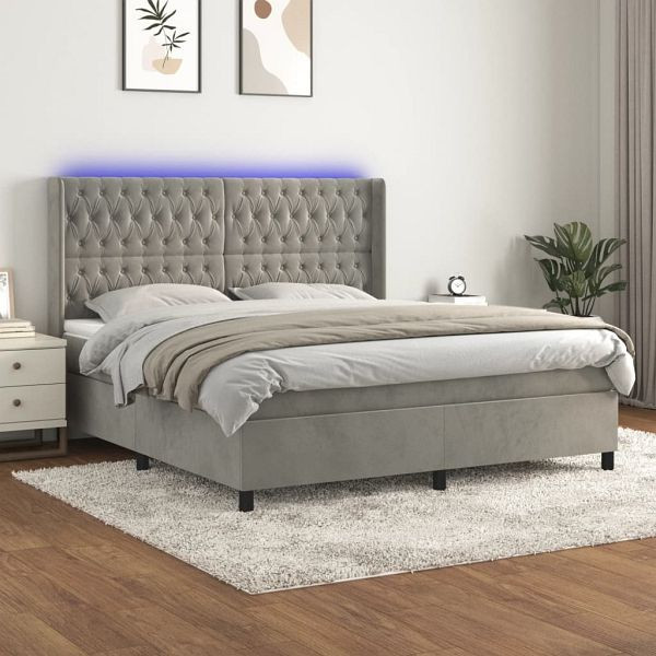 vidaXL Boxspringbett mit Matratze & LED Hellgrau 160x200 cm Samt, 3139751