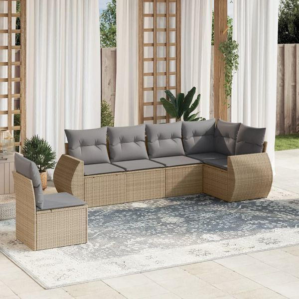 vidaXL 6-teilig Garten-Sofagarnitur mit Kissen Beige Poly Rattan, 3253766
